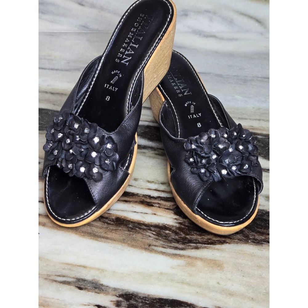 Italian Shoemakers Black Floral Rhinestone Wedge Sandals Made in Italy Size 8 39